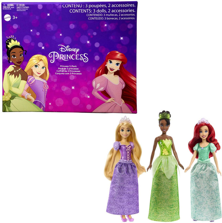 Mattel, Princesses Disney - pack de 3 poupées (Ariel, Tiana, Raiponce)
