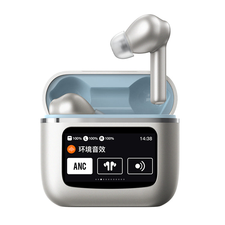 Écouteurs sans fil TWS Edition Air PRO, Bluetooth 5.3 ANC nouvelle gereration écran tactile, suppression du bruit batterie longue durée, fond d'écran HiFi couleur Argent