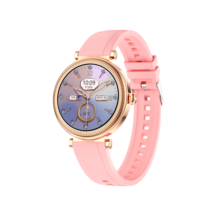 Montre connectée - Edition Platine- Couvercle en verre trempé 2.5D Coque en alliage de zinc + Bracelet en silicone couleur Rose