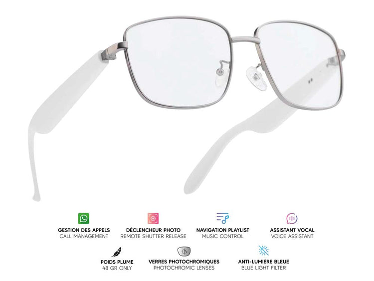 "Lunettes connectées Mogie. - Modèle Lyra - Branches blanches avec verres photochromiques . Branche tactile - Gestion playlist et appels - Bluetooth - Assistant vocal - Anti lumière bleue - Monture : Grise métalisée mate"