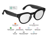 "Lunettes connectées Mogie.Caméra - Modèle Elara - Branches noires avec monture noire et verres photochromiques Branche tactile - Caméra - Chat GPT - Verres photochromiques - Branche tactile - Gestion playlist et appels - Bluetooth - Assistant vocal