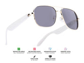 "Lunettes connectées Mogie. - Modèle Thalos - Branches blanches avec monture dorée et verres solaires polarisés Branche tactile . - Verres solaires polarisés - Gestion playlist et appels - Bluetooth - Assistant vocal - Monture : Dorée"