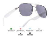 Lunettes connectées Mogie. - Modèle Thalos - Branches blanches avec monture argentée mate et verres solaires polarisés Branche tactile - Verres solaires polarisés