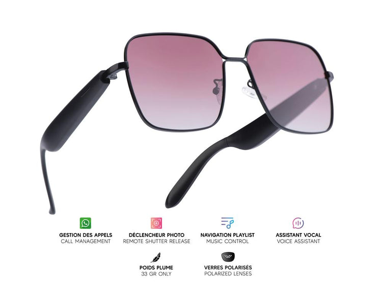 "Lunettes connectées Mogie. - Modèle Nyra - Branches noires avec monture noire et verres solaires polarisés Branche tactile - Verres solaires polarisés - "
