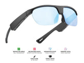 "Lunettes connectées Mogie. - Modèle Atlas - Branches noires avec monture noire et verres solaires teintés bleu Branche tactile - Verres solaires - Gestion playlist et appels Bluetooth - Assistant vocal Monture Noire - Verres : Teintés Bleu"