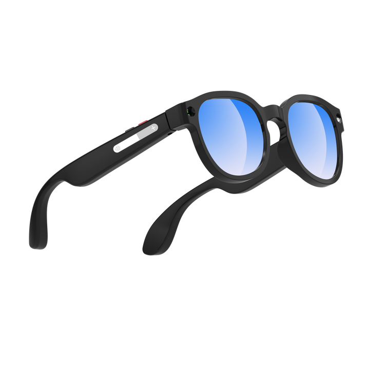 Lunettes intelligentes multifonctions NASA édition FUTURA Caméra,prise de photos, enregistrement vidéo et audio, appels Bluetooth, lecture de musique, assistant vocal, transmission sans fil Wi-Fi, Monture Mat Noir Verres Bleu Modèle Unisex design
