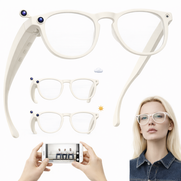 Lunettes intelligentes multifonctions NASA édition FUTURA Caméra ,prise de photos, enregistrement vidéo et audio, appels Bluetooth, lecture de musique, assistant vocal, transmission sans fil Wi-Fi, Monture Mat Blanc Verres Incolore Modèle Unisex design