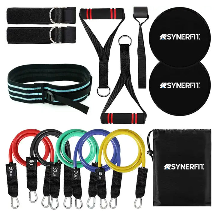 Kit de bandes SYNERFIT / tubes de résistance élastiques avec poignées + sac 14 pieces
