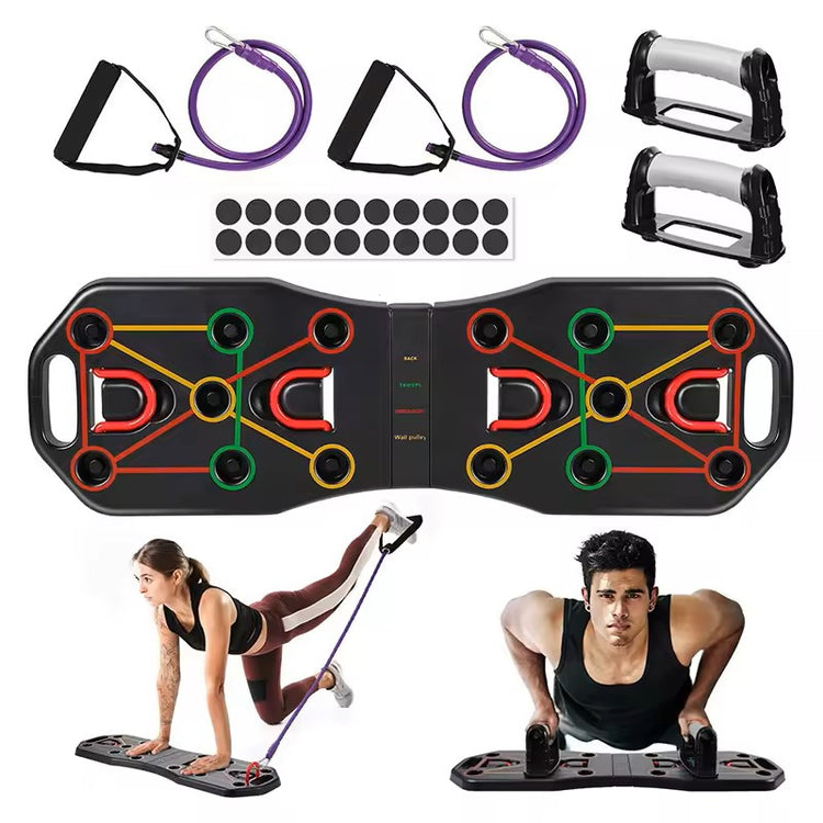 Planche de musculation SYNERFIT Push-up 9en1 avec tendeurs et poignées pliable et portable