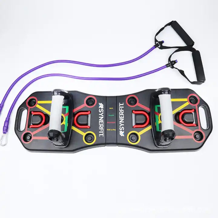 Planche de musculation SYNERFIT Push-up 9en1 avec tendeurs et poignées pliable et portable