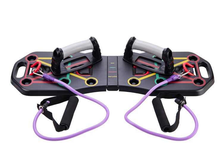 Planche de musculation SYNERFIT Push-up 9en1 avec tendeurs et poignées pliable et portable