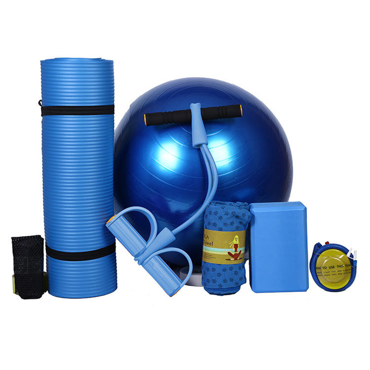 SYNERFIT Kits de Yoga 5 en 1 inclus Tapis de yoga , serviette, balle de yoga, brique de yoga, fitness band, EVA haute densité inlcus sac de transport .Modéle Yoga fit colorie Bleu