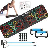 Planche de musculation SYNERFIT 12 en 1 système d'exercice de Fitness d'entraînement avec tendeurs et poignées pliable et portable 10 fonctions, 2 cordes de résistance, 2 poignées modéle Push-up colorie Noir et bleu