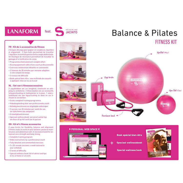 LANAFORM by SYNERFIT Kit d’accessoires fitness inclus 1 grande balle de gymnastique, 1 petite balle de gymnastique, 1 élastique de résistance, 2 briques de yoga
