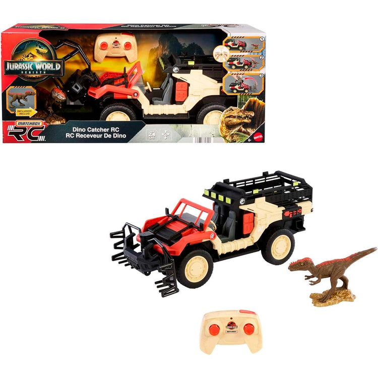 MATTEL Matchbox Jurassic World Véhicule télécommandé Dino Hunter, Voiture à batterie avec télécommande et figurine de dinosaure 46 cm