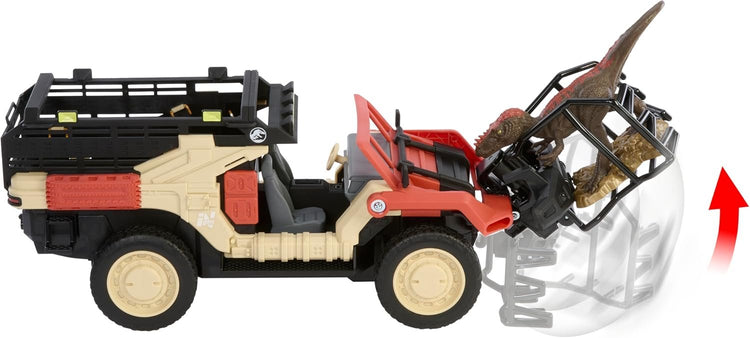 MATTEL Matchbox Jurassic World Véhicule télécommandé Dino Hunter, Voiture à batterie avec télécommande et figurine de dinosaure 46 cm