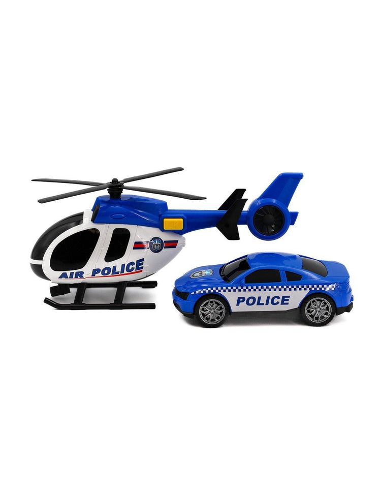 TACHAN set d ́hélicoptère et voiture de police avec gyrophares et effets sonores City Heroes ! à l ́échelle 1:14 couleur Bleu