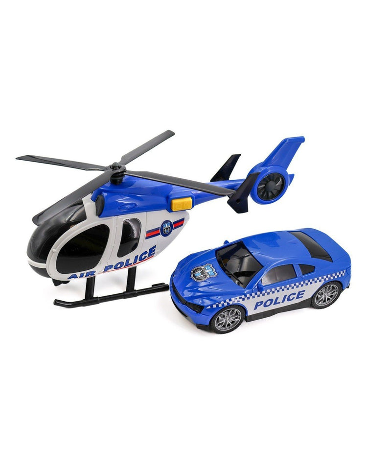 TACHAN set d ́hélicoptère et voiture de police avec gyrophares et effets sonores City Heroes ! à l ́échelle 1:14 couleur Bleu