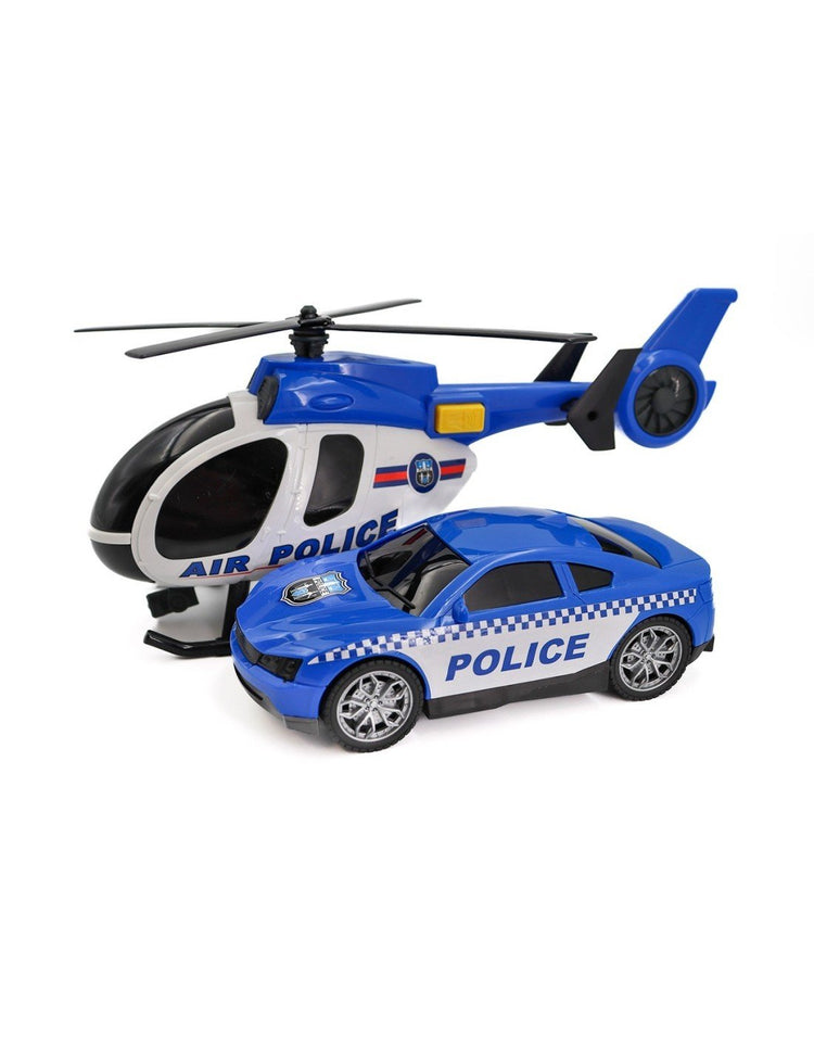 TACHAN set d ́hélicoptère et voiture de police avec gyrophares et effets sonores City Heroes ! à l ́échelle 1:14 couleur Bleu