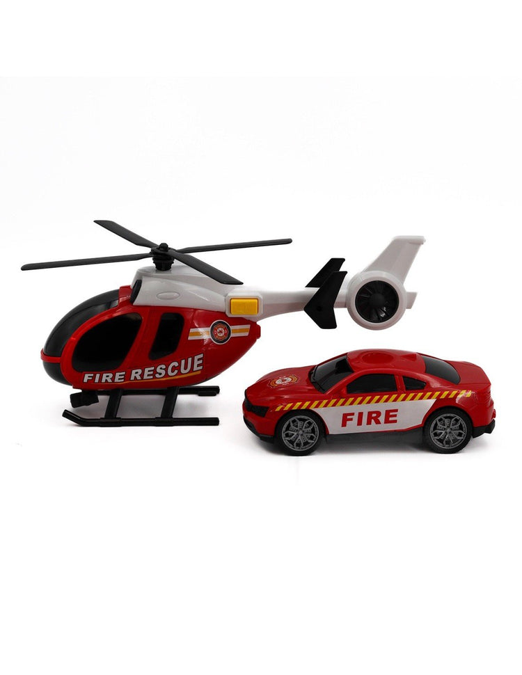 TACHAN set d ́hélicoptère et voiture de police avec gyrophares et effets sonores City Heroes ! à l ́échelle 1:14 couleur Rouge