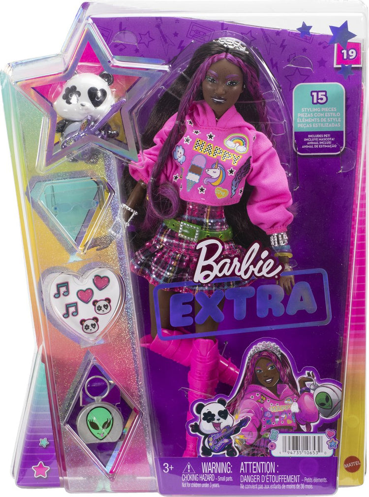 Mattel, Poupée Barbie Extra Cheveux Rose Style Punk avec Panda