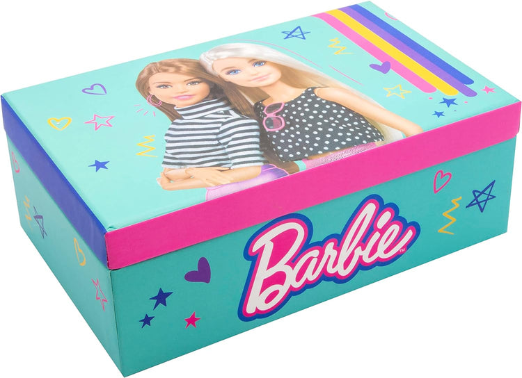 Barbie jewelry box with accessories: brush, 2 hair clips, ring, bracelet, hair band - 18x11.5x7 cm