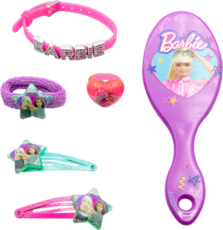 Barbie jewelry box with accessories: brush, 2 hair clips, ring, bracelet, hair band - 18x11.5x7 cm