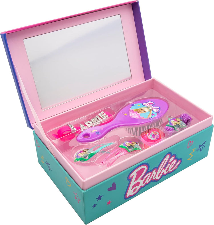 Barbie jewelry box with accessories: brush, 2 hair clips, ring, bracelet, hair band - 18x11.5x7 cm