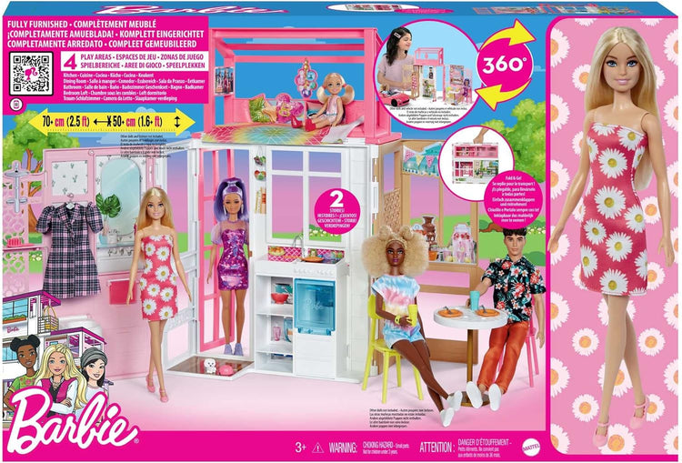 Barbie Maison sur 2 Niveaux avec 4 Zones de Jeu et Poupée