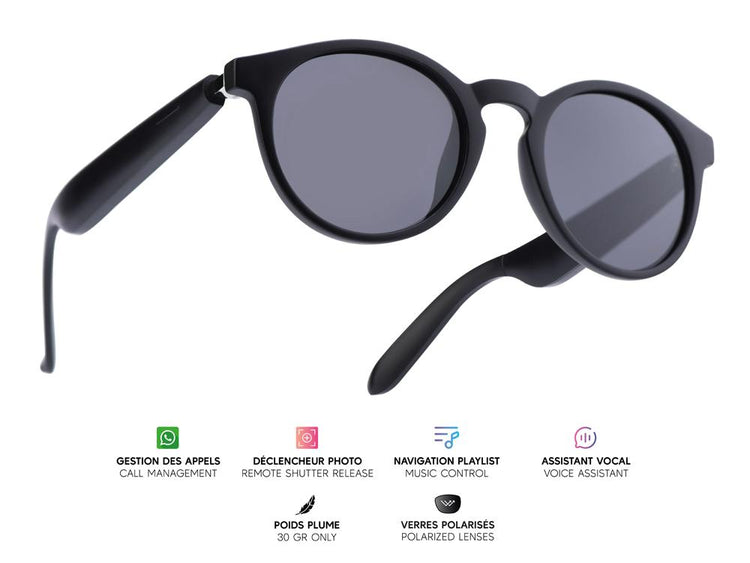 "Lunettes connectées Mogie. - Modèle Eos - Branches noires avec monture noire et verres solaires polarisés Branche tactile . - Verres solaires polarisés - Branche tactile - Gestion playlist  et appels  Bluetooth - Assistant vocal"