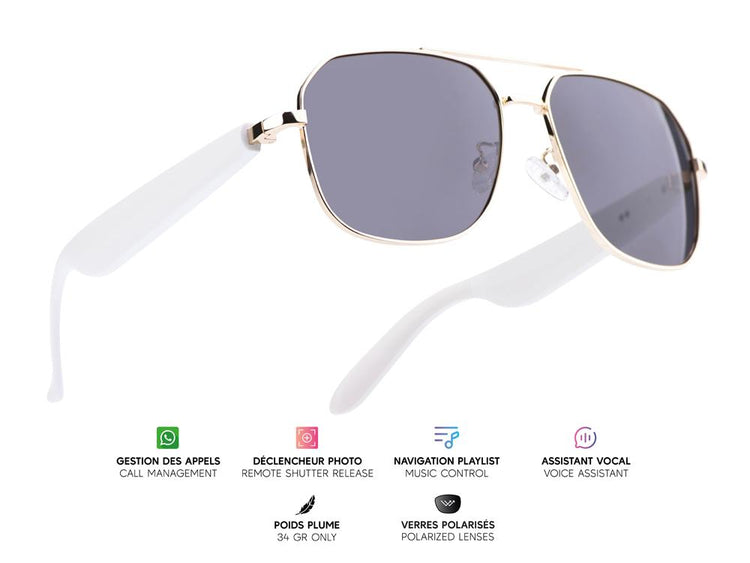"Lunettes connectées Mogie. - Modèle Thalos - Branches blanches avec monture dorée et verres solaires polarisés  Branche tactile . - Verres solaires polarisés - Gestion playlist  et appels - Bluetooth - Assistant vocal - Monture : Dorée"