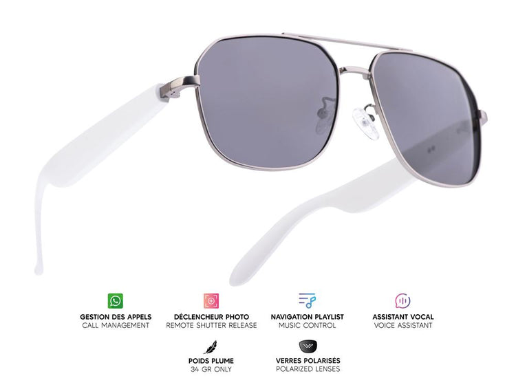 Lunettes connectées Mogie. - Modèle Thalos - Branches blanches avec monture argentée mate et verres solaires polarisés  Branche tactile - Verres solaires polarisés
