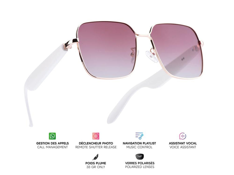 "Lunettes connectées Mogie. - Modèle Nyra - Branches blanches avec monture or rose et verres solaires polarisés  Branche tactile  - Verres solaires polarisés -