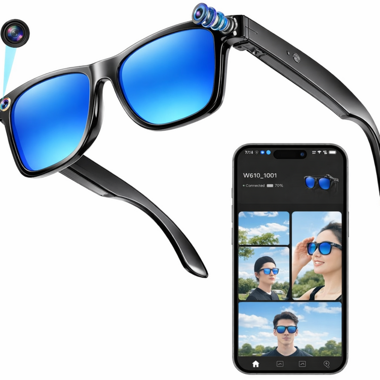 Lunettes intelligentes multifonctions NASA  édition FUTURA Caméra,prise de photos, enregistrement vidéo et audio, appels Bluetooth, lecture de musique, assistant vocal, transmission sans fil Wi-Fi,  Monture Mat Noir  Verres Bleu Modèle  Unisex design