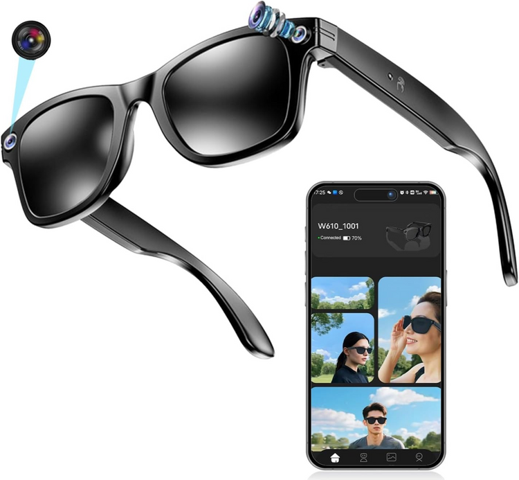 Lunettes intelligentes multifonctions NASA  édition FUTURA caméra, prise de photos, enregistrement vidéo et audio, appels Bluetooth, lecture de musique, assistant vocal, transmission sans fil Wi-Fi,  Monture Mat Noir  Verres Graphite Modèle  Unisex design