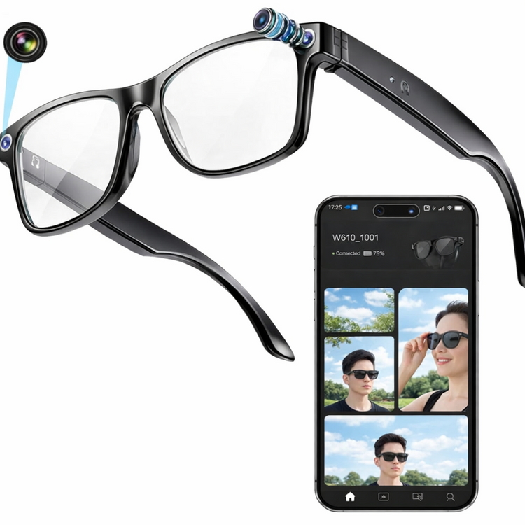 Lunettes intelligentes multifonctions NASA  édition FUTURA Caméra,prise de photos, enregistrement vidéo et audio, appels Bluetooth, lecture de musique, assistant vocal, transmission sans fil Wi-Fi, Monture Mat Noir Verres  Incolore Modèle  Unisex design