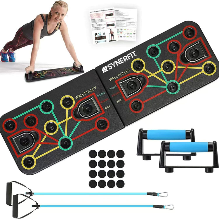 Planche de musculation SYNERFIT  12 en 1 système d'exercice de Fitness d'entraînement  avec tendeurs et poignées   pliable et portable 10 fonctions, 2 cordes de résistance, 2 poignées  modéle Push-up colorie Noir et bleu