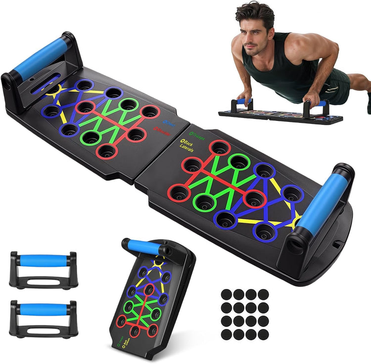 Planche de musculation SYNERFIT  12 en 1 système d'exercice de Fitness d'entraînement  avec tendeurs et poignées   pliable et portable 10 fonctions, 2 cordes de résistance, 2 poignées  modéle Push-up colorie Noir et bleu