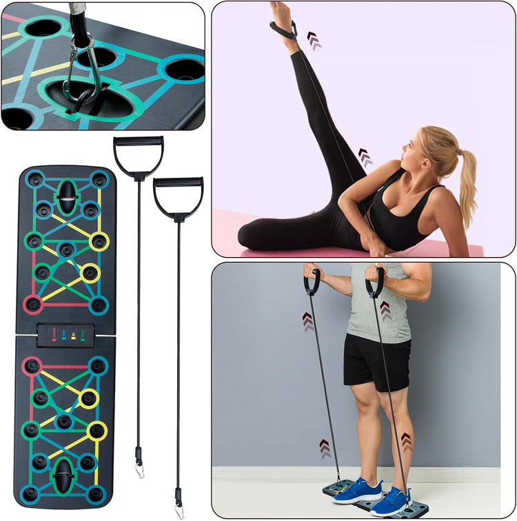 Planche de musculation SYNERFIT  12 en 1 système d'exercice de Fitness d'entraînement  avec tendeurs et poignées   pliable et portable 10 fonctions, 2 cordes de résistance, 2 poignées  modéle Push-up colorie Noir et bleu
