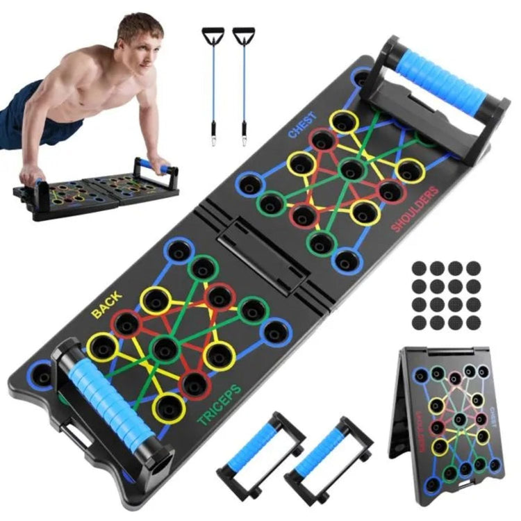 Planche de musculation SYNERFIT  12 en 1 système d'exercice de Fitness d'entraînement  avec tendeurs et poignées   pliable et portable 10 fonctions, 2 cordes de résistance, 2 poignées  modéle Push-up colorie Noir et bleu