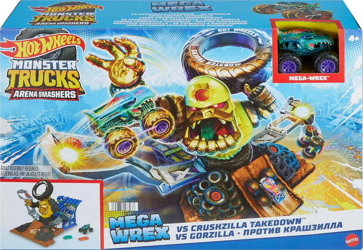 Hot Wheels Monster Trucks Arena Smashers Combat Mega-Wrex vs Gorzilla Coffret avec véhicule Mega-Wrex inclus 2 Voitures