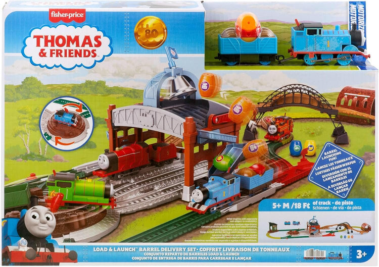 Fisher Price Thomas et Ses Amis Coffret Lancement de tonneaux motorisé avec Locomotive motorisée Classique et Wagon de Chargement, 5,5 mètres de Piste