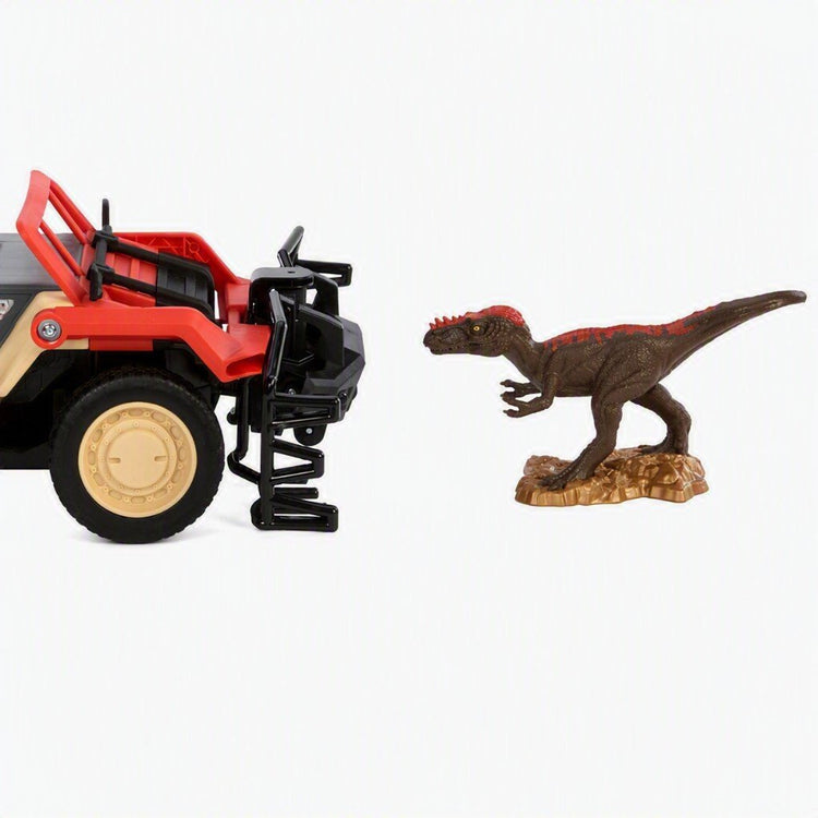 MATTEL Matchbox Jurassic World Véhicule télécommandé Dino Hunter, Voiture à batterie avec télécommande et figurine de dinosaure 46 cm
