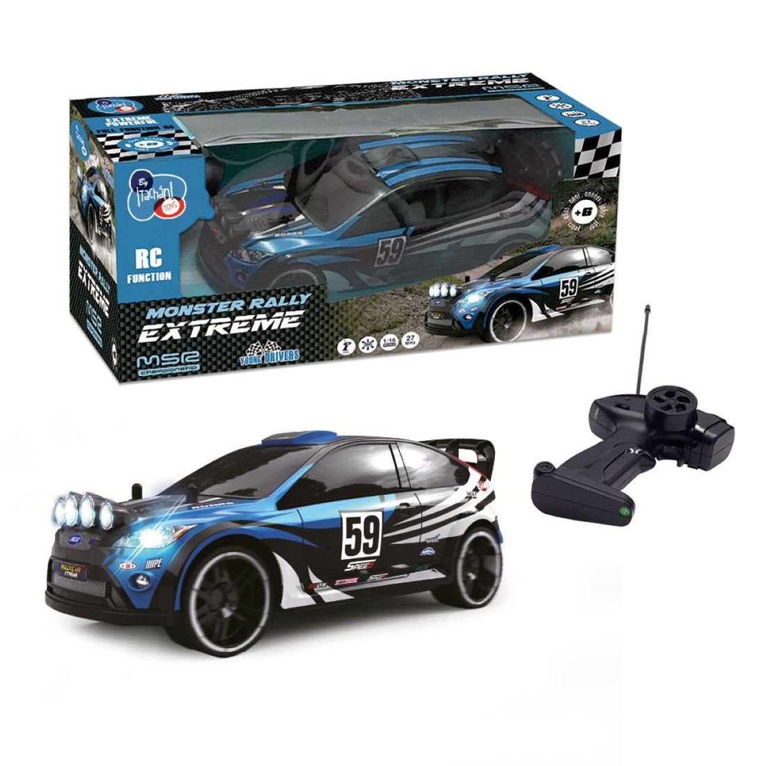 TACHAN R/C Voiture de rallye extrême radiocommandée Échelle : 1:16 2,4 GHz 28cm x 11cm x 14cm Couleur Bleu Noir