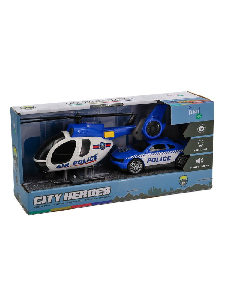 TACHAN set d ́hélicoptère et voiture de police avec gyrophares et effets sonores City Heroes ! à l ́échelle 1:14 couleur Bleu